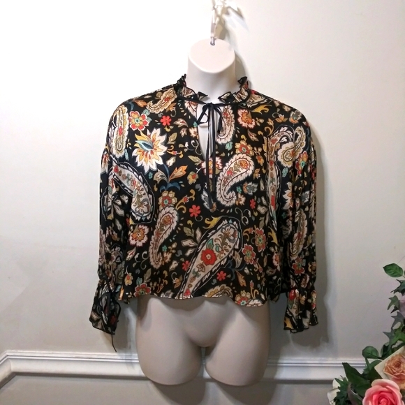 Zara Black, Rust, Ivory & Turquoise Boho Paisley Floral Cropped Gauzy Blouse - Picture 5 of 12